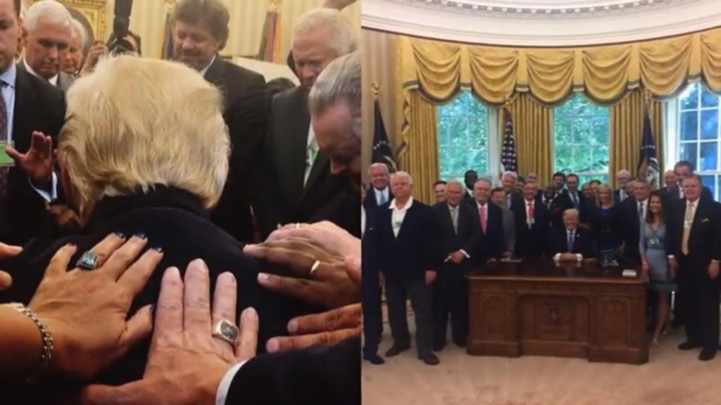 Evangelicals pastor shares image of prayer circle laying their hands on Donald Trump's in Oval Office